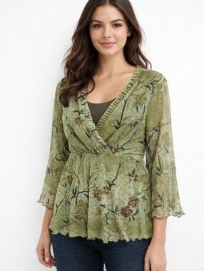 Assoluto Blouse Green Poly Chiffon Floral Surplice Babydoll Sz L Y2K Fairy Earth